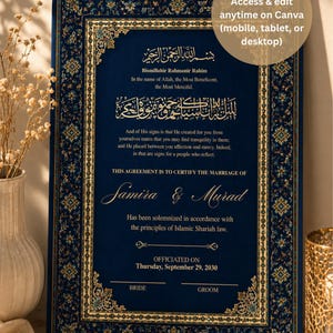 Pode incluir: Um modelo retangular de certificado de casamento islâmico em azul escuro com bordas douradas ornamentadas. Apresenta caligrafia árabe, texto em inglês com os nomes Samira e Murad, e um círculo com o texto: Fully editable. Access & edit anytime on Canva.