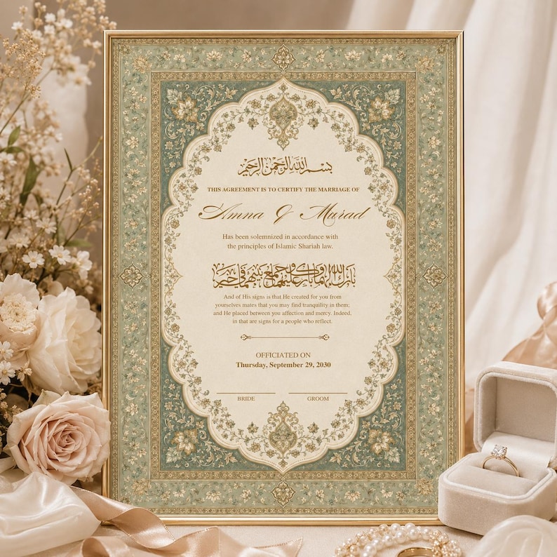 May include: A rectangular marriage certificate framed in gold, featuring a sage green and cream floral border. The document includes Arabic calligraphy and English text stating the marriage of Amna and Murad on Thursday, September 29, 2030.
