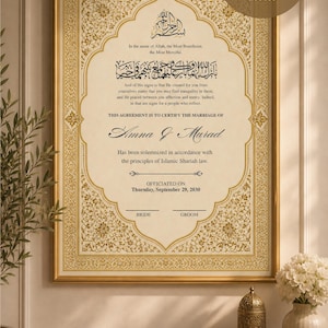 May include: A vertical rectangular Islamic marriage certificate template in a gold frame. The document features intricate gold floral borders, Arabic calligraphy, and English text stating, This agreement is to certify the marriage of Amna & Murad.