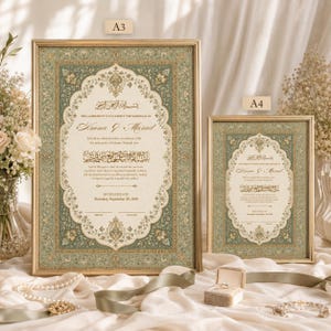 May include: Two framed Islamic marriage certificates in A3 and A4 sizes, featuring ornate sage green and gold borders with intricate patterns. The documents include Arabic calligraphy, English text, and blank lines for bride and groom signatures.