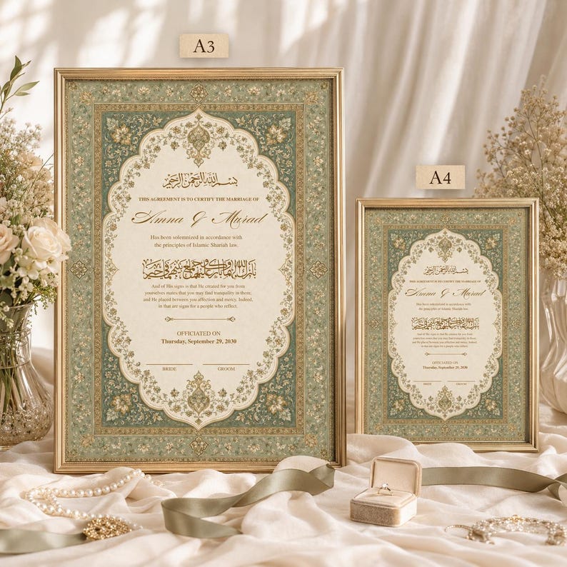 May include: Two framed Islamic marriage certificates in A3 and A4 sizes, featuring ornate sage green and gold borders with intricate patterns. The documents include Arabic calligraphy, English text, and blank lines for bride and groom signatures.