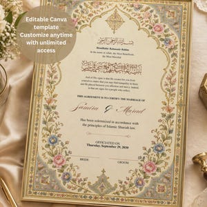 May include: A rectangular Islamic marriage certificate template in a gold frame, featuring intricate floral borders in pink and blue. The text includes Bismillah, Quranic verses, and placeholders for names, date, and signatures. Editable Canva template.