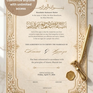 Islamic Marriage Certificate Printable, Editable Nikah Certificate Template, Muslim Wedding Contract, Instant Download
