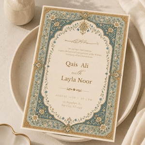 Pode incluir: Um convite de casamento retangular com uma borda floral ornamentada em azul e dourado com padrões complexos. O texto diz: Mr and Mrs Abid Hakeem request the honor of your presence at the Walima Ceremony of their beloved son Qais Ali with Layla Noor, August 20th at 5 PM, 123 Anywhere St., Any City, ST 12345.
