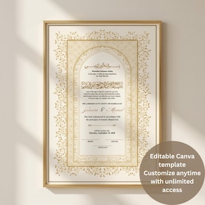 Certificat de mariage islamique Nikah modifiable, contrat de mariage musulman à motif floral doré (téléchargement numérique)
