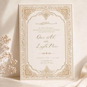May include: A rectangular wedding invitation card featuring an off-white background with a gold-toned ornate border. The text includes the names Qais Ali and Layla Noor, event details for a Walima ceremony, and the date August 20th at 5 PM.