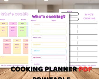 Planificador de comidas semanal (PDF imprimible, A4, A5 y carta) con horario de cocina y hojas de cocina adicionales.