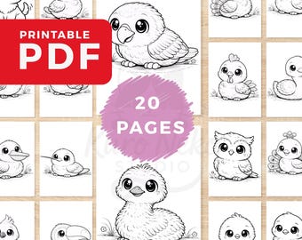 Bird Coloring Pages: Kawaii Style, 20 Printable Designs (Digital Download)