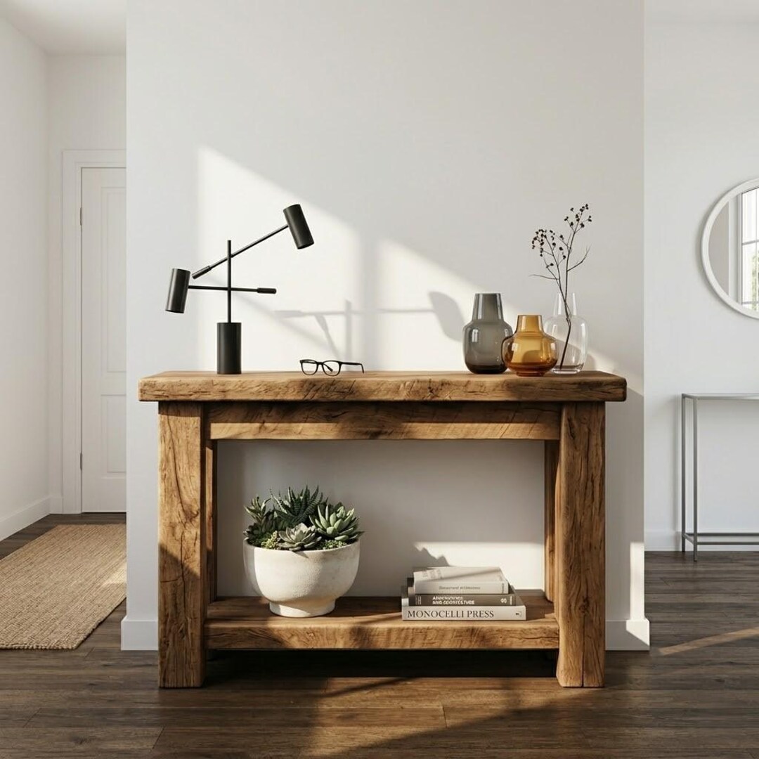 Rustic Solid Wood Console Table – Handmade Entryway Table With Shelf ...