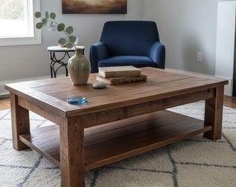 Rustic Solid Wood Coffee Table with Lower Shelf – Handmade Farmhouse Living Room Table