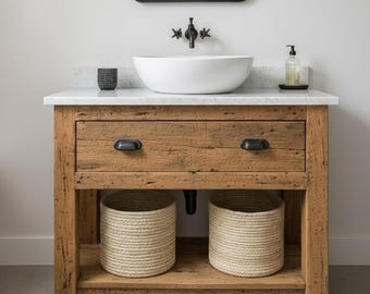 Rustic reclaimed wood vanity, Handmade bathroom cabinet, Farmhouse style, Natural wood sink stand