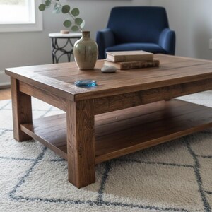 May include: A rectangular, dark brown wooden coffee table with a lower shelf. The table has a natural wood grain finish. A vase, books, and a coaster are on the table. The table is in a living room setting.