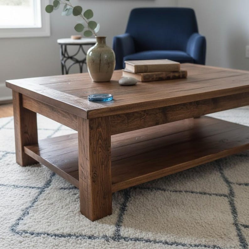 May include: A rectangular, dark brown wooden coffee table with a lower shelf. The table has a natural wood grain finish. A vase, books, and a coaster are on the table. The table is in a living room setting.