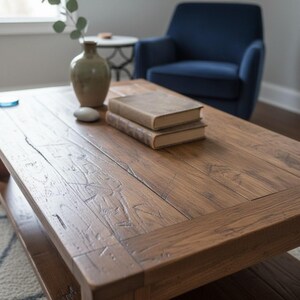 May include: A rustic, rectangular coffee table made of dark brown wood. Two antique books are stacked on top, next to a green vase with a sprig of greenery and a small, smooth stone. A blue armchair is in the background.