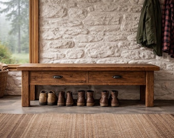 Reclaimed Wood Entryway Bench, Farmhouse Storage Bench with Drawers