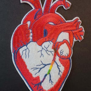 Peut inclure: Écusson brodé d'un cœur humain avec des coutures rouges et bleues. L'intérieur du cœur est blanc, avec une veine aux couleurs de l'arc-en-ciel. L'écusson est sur fond noir.