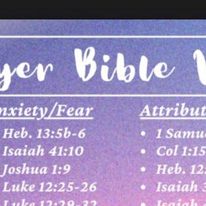 Peut inclure: Graphique violet et bleu avec les mots "Prayer Bible Verses" en écriture blanche. Le graphique répertorie les versets bibliques classés sous "Anger", "Anxiety/Fear", "Attributes of God" et "Faith".