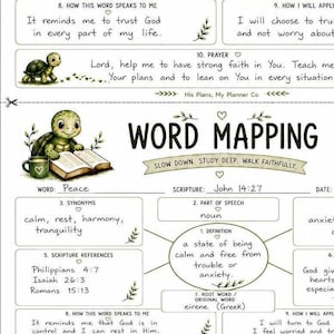 May include: A white paper word mapping worksheet featuring a cartoon turtle reading a book, the title WORD MAPPING, and the subtitle SLOW DOWN. STUDY DEEP. WALK FAITHFULLY. The form includes sections for scripture, definition, synonyms, and personal reflection.