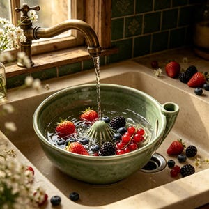 May include: A sage green ceramic colander bowl with a central integrated citrus reamer, filled with water, fresh strawberries, blackberries, and red currants, positioned under a brass kitchen faucet in a beige stone sink.