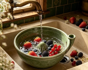 Vortex Ceramic Berry Washing Bowl, Built-In Strainer Fruit Rinser, Handmade Pottery Colander, Rustic Kitchen Decor, Housewarming Gift