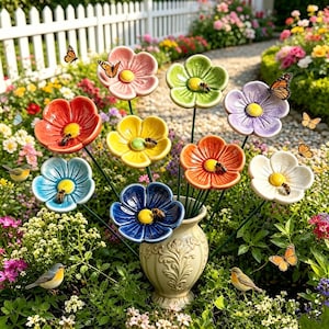 May include: A collection of ceramic flower-shaped garden stakes in various colours including pink, green, purple, red, yellow, blue, orange, and white, each featuring a yellow centre and a small bee figure, arranged in a decorative cream-coloured vase.