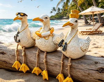 Figura de gaviota con pata colgante, adorno náutico costero, decoración para el hogar y el patio con temática playera, regalo de inauguración para amantes del océano.