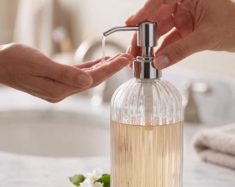 Clear Glass Ribbed Soap Dispenser, Refillable Bathroom Kitchen Bottle