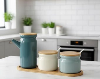 Ceramic Salt & Oil Set – Kitchen Seasoning Bottles with Bamboo Base