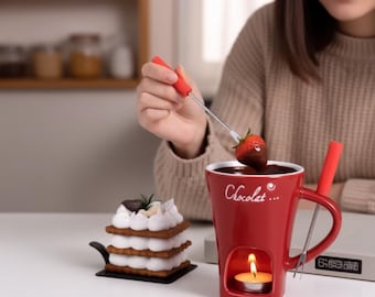 Ceramic Chocolate & Cheese Melting Mug – Candle Heated Mini Cup with Fork