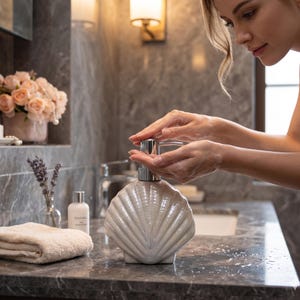 May include: A pearlescent seashell-shaped soap dispenser with a silver pump in a bathroom. Other items include a small bottle, a folded towel, and a vase of flowers. The bathroom has a grey marble effect.