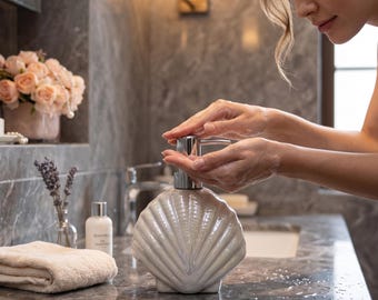 Ceramic Shell Soap Dispenser, Pink Coastal Bathroom Lotion Pump