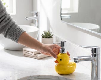 Yellow Duck Ceramic Soap Dispenser, Modern Bathroom Kitchen Decor