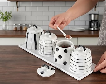 European Ceramic Seasoning Set – Black & White Stripe Kitchen Decor