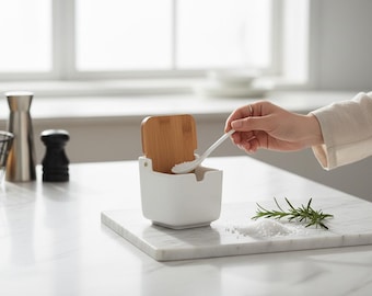 Bamboo & Ceramic Flip Seasoning Jar with Spoon | Salt Pepper Spice Container