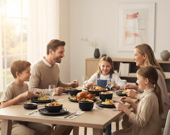 Matte Black Porcelain Dinnerware Set, Modern Minimalist Tableware, Round Bowls