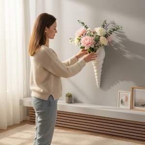 Op de afbeelding: Een witte, schelpvormige wandvaas gevuld met roze en witte bloemen en groen. De vaas is bevestigd aan een grijze muur. Een persoon schikt de bloemen. De kamer heeft een moderne, minimalistische uitstraling.