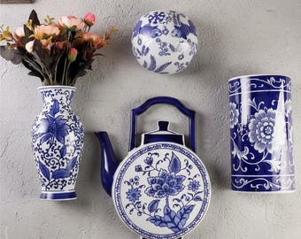Ceramic Wall Mounted Vase, Blue White Porcelain Hanging Flower Holder, Elegant Decor