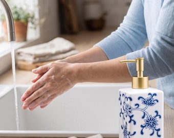 Blue White Porcelain Soap Dispenser, Minimalist Vanity Decor, Bathroom Storage Bottle