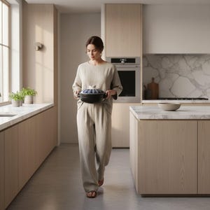 May include: A person in a neutral-toned outfit carries a black and blue ceramic pot with a lid. The pot has a white and blue patterned design on the lid. The kitchen features light wood cabinetry and a marble countertop.