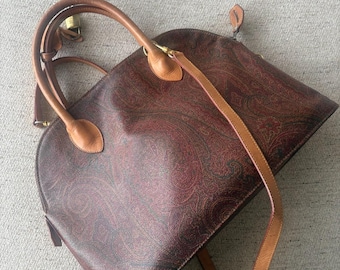 ETRO Paisley Coated Canvas Leather Trim Handbag Shoulder Bag Burgundy Italy