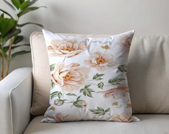 Floral Rose Pillow Cover, Vintage Flower Cushion, Neutral Pastel Decor, Elegant Botanical Throw Pillow, Cottagecore Home Gift