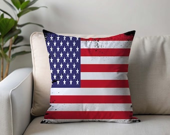 American Flag Pillow, Distressed USA Cushion, Patriotic Home Decor, Vintage Rustic Throw Pillow, Independence Day Gift