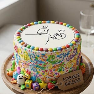 May include: A round cake decorated with colorful sprinkles and swirls, topped with a white disc featuring a cartoon of two figures labeled 30 and 29. The base is adorned with small edible figurines and a brown tag labeled ESSBARER AUFLEGER.