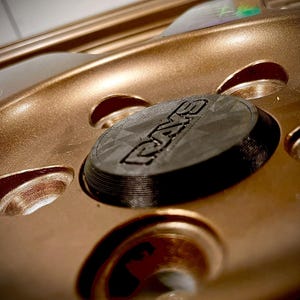 May include: A metallic bronze automotive wheel featuring a circular center cap with a textured black finish and the embossed text RAYS. The wheel design includes multiple recessed lug nut holes arranged in a circular pattern around the center.