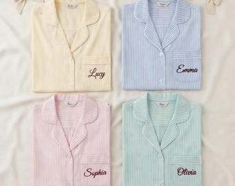 Personalized Seersucker Pajama Set, Custom Embroidered Monogram Sleep Shorts, Bridesmaid Gift, Bridal Party Lounge Wear, Bachelorette Party