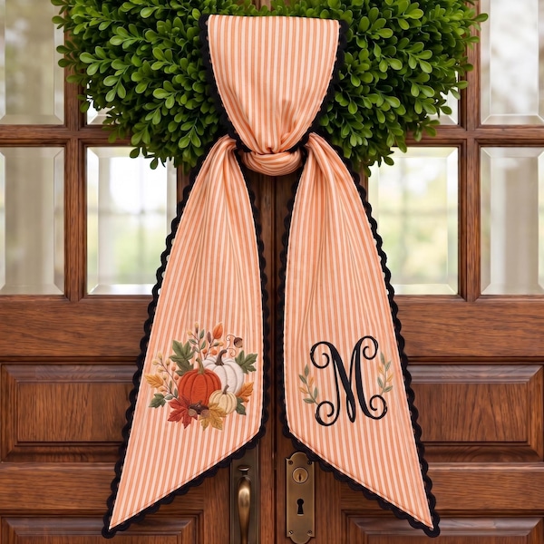 Banda personalizada para corona de otoño, banda bordada con monograma personalizado, lazo para corona de otoño con calabaza, decoración para puerta de Acción de Gracias, decoración otoñal para el hogar
