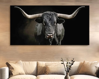 Black Longhorn Wall Art, Texas Bull Canvas, Rustic Western Decor, Farmhouse Longhorn Painting