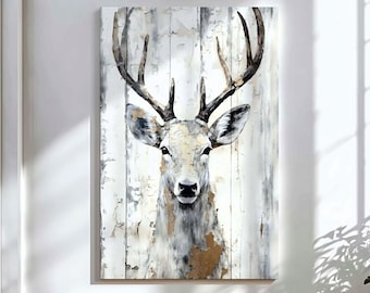 Deer Canvas Wall Art, White Stag Portrait, Rustic Farmhouse Decor