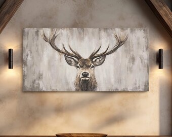 Stag Portrait Canvas, Rustic Deer Painting Print, Farmhouse Decor