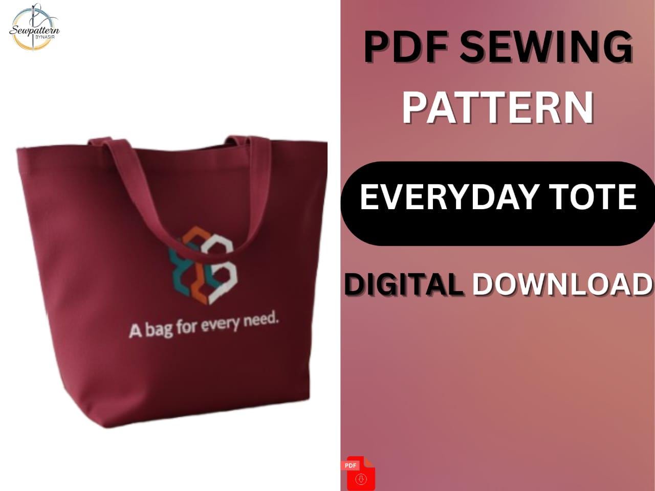 Everyday Tote Bag PDF Sewing Pattern | Beginner Friendly, A0 A4 US ...